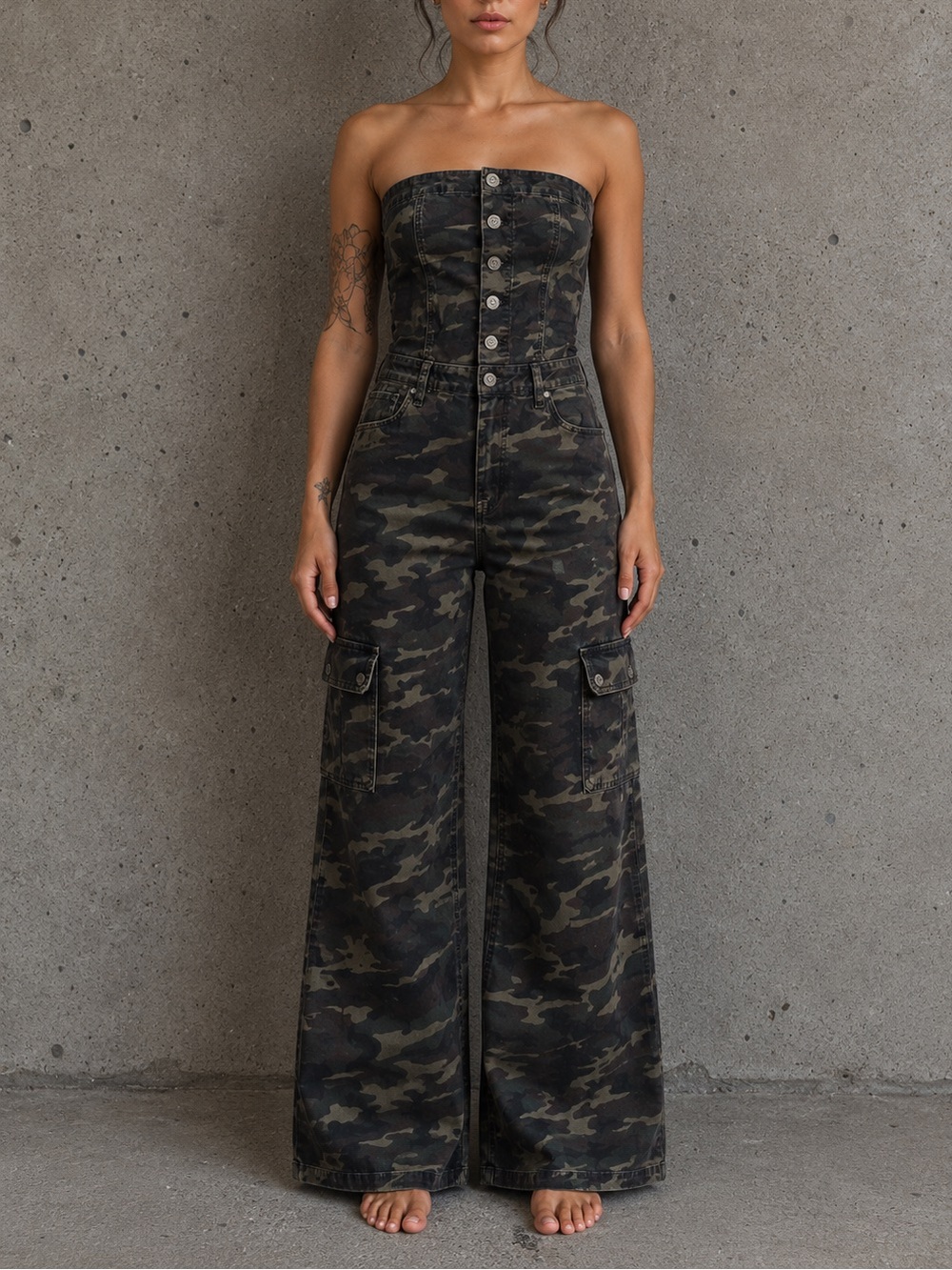 Y2K VIP Jeans Strapless Camo Cargo Jumpsuit Utility Grunge Streetwear XL